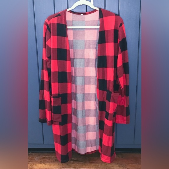 Tops - Red Black Buffalo Plaid Open Cardigan Shirt Large Emo Grunge Cowgirl Farm Core